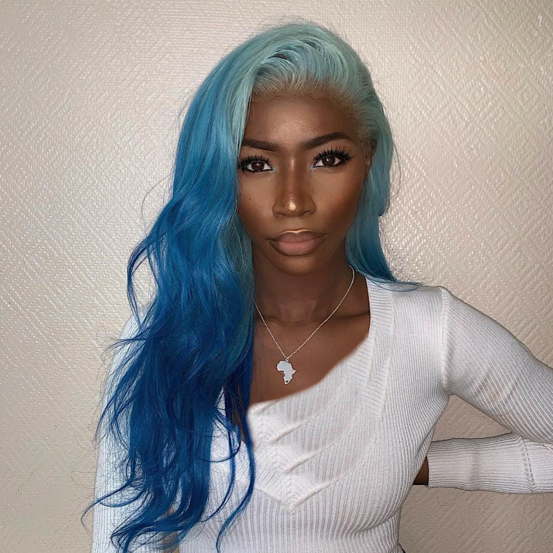 Real Human Hair Lace Front Wig Light Blue With Blue Color Style