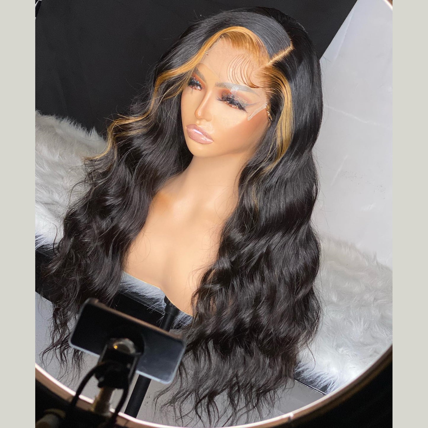 100% Real Peruvian Hair Lace Front Wig Blonde Highlights Black Color