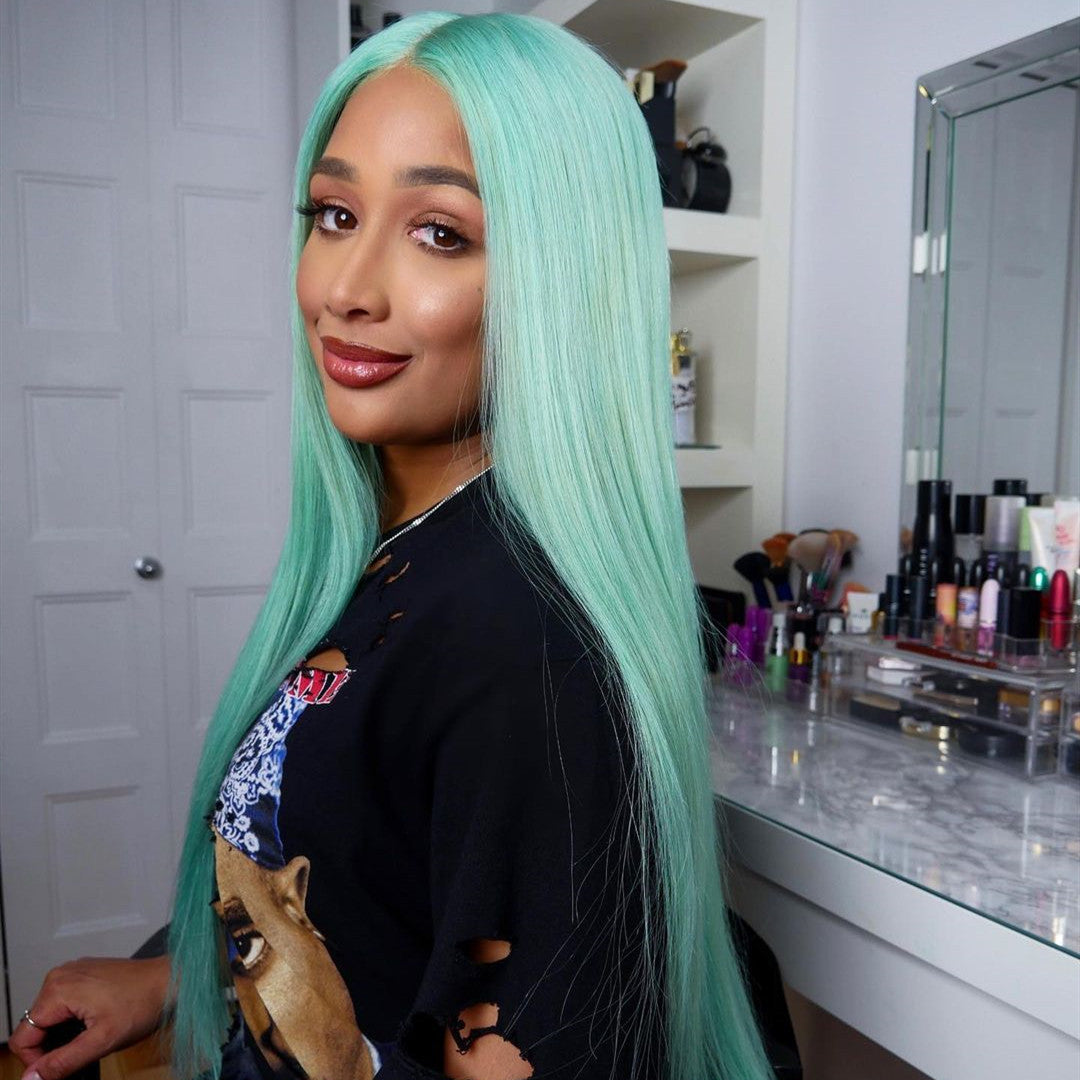 Green human hair lace front wig sales