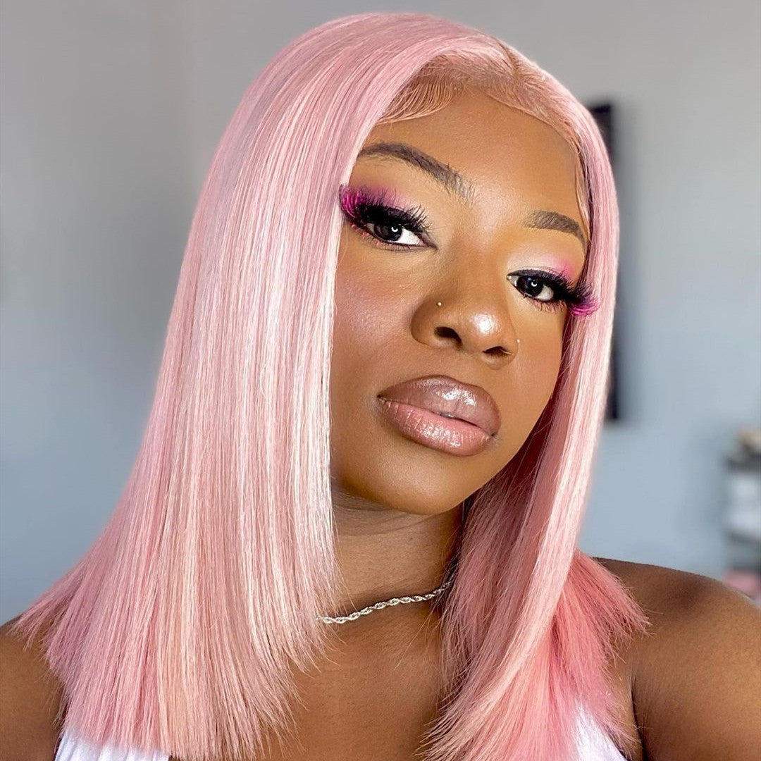 Light Pink Real Human Hair Bob Wigs