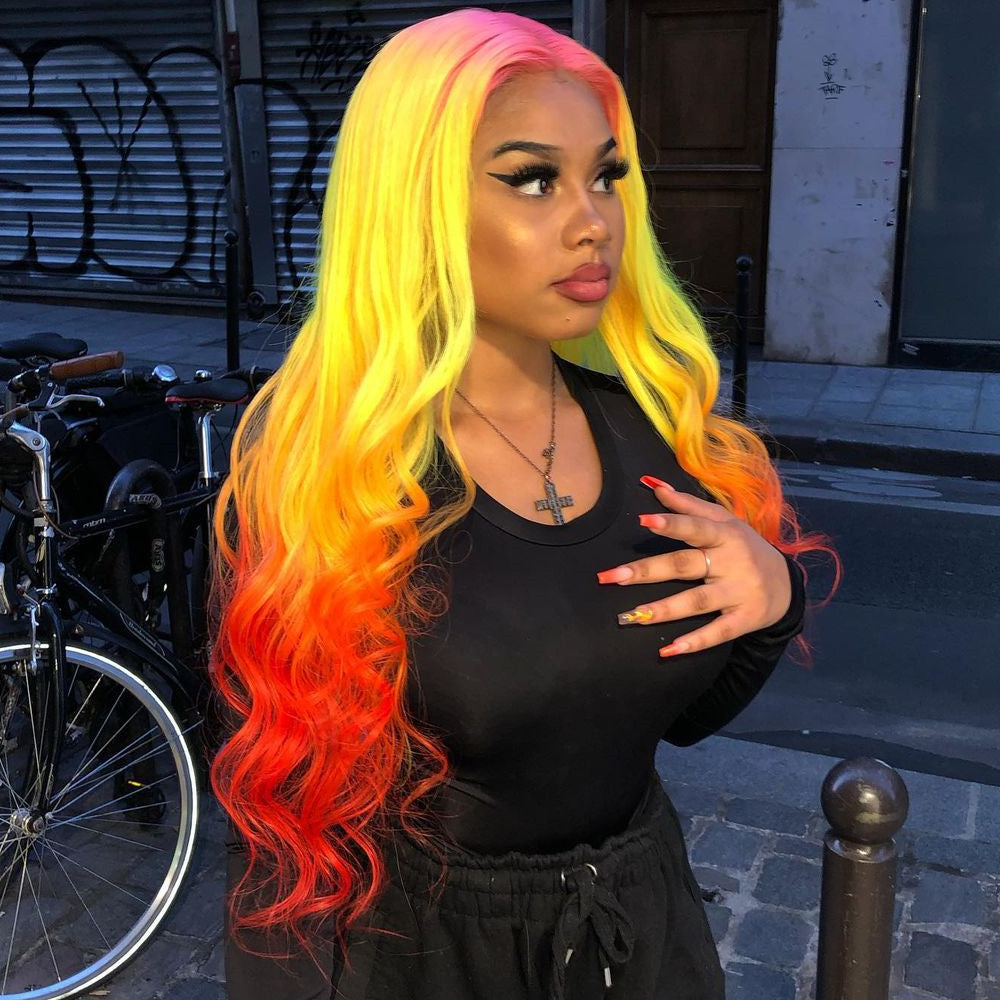 Pink Root Yellow Red Ombre Lace Wig