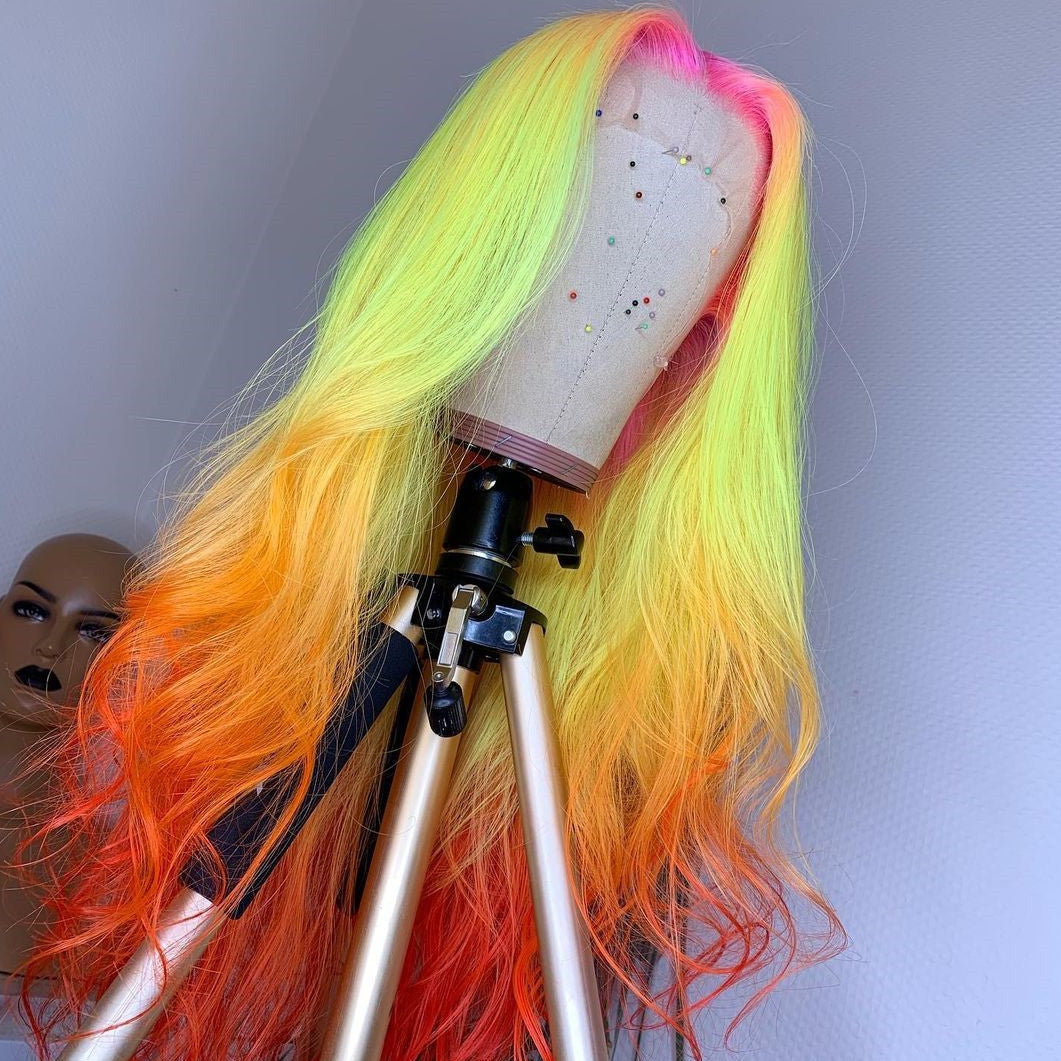 Pink Root Yellow Red Ombre Lace Wig