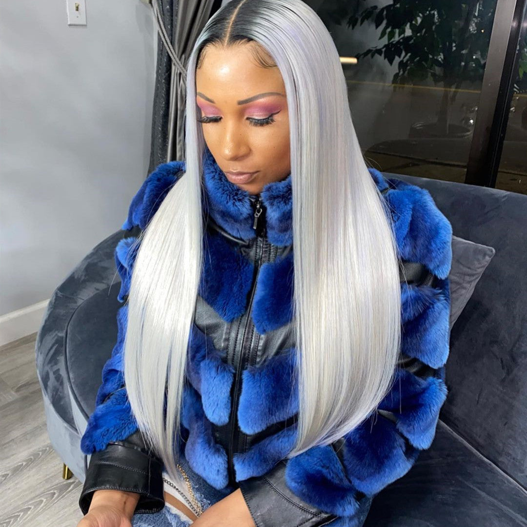 Real Peruvian Hair Lace Front Wig Black Root With Sliver Color