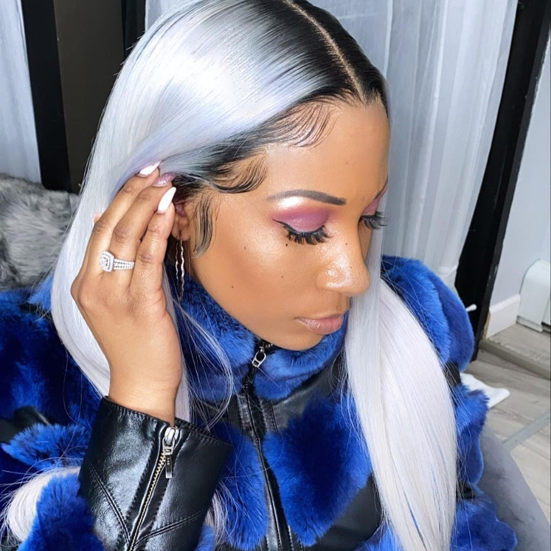 Real Peruvian Hair Lace Front Wig Black Root With Sliver Color