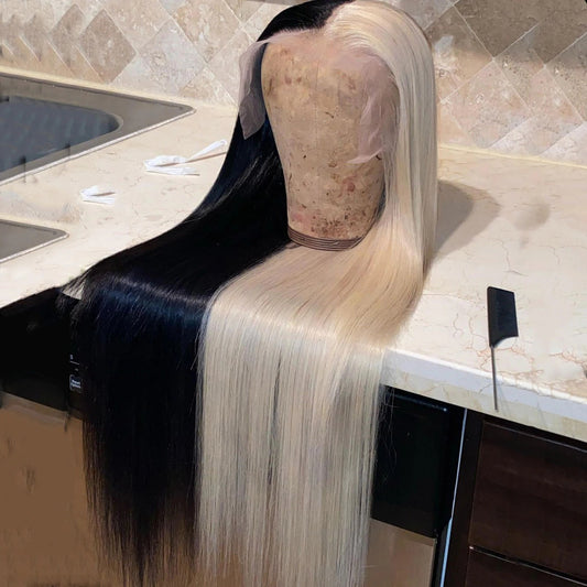 Iced Blonde & Black Half Color Straight Style Real Human Hair Lace Front Wigs