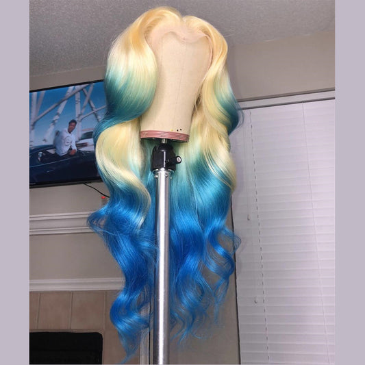 Real Human Hair Lace Front Wig 613 Blonde With Blue Color