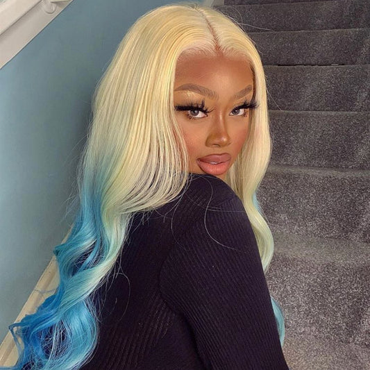 Real Human Hair Lace Front Wig 613 Blonde With Blue Color