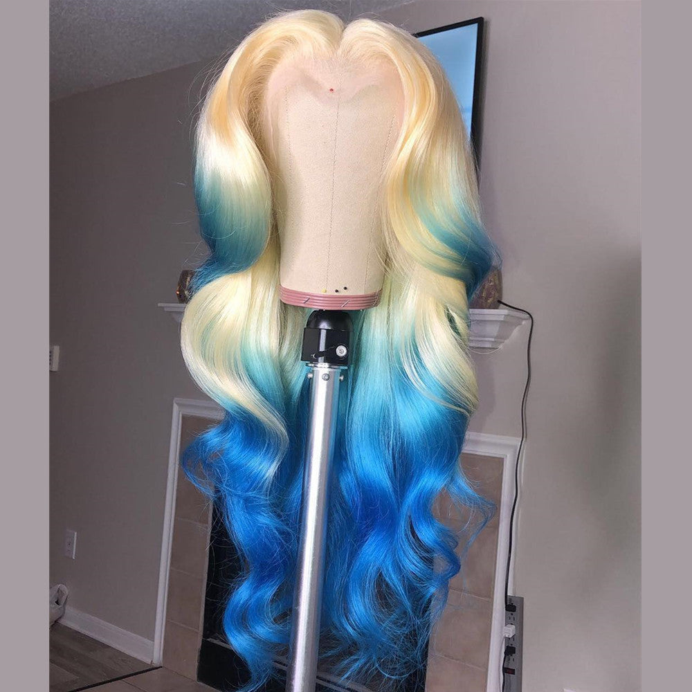 Real Human Hair Lace Front Wig 613 Blonde With Blue Color