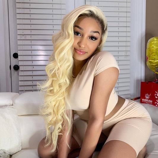 Blonde Color With Dark Root Real Hair Wigs