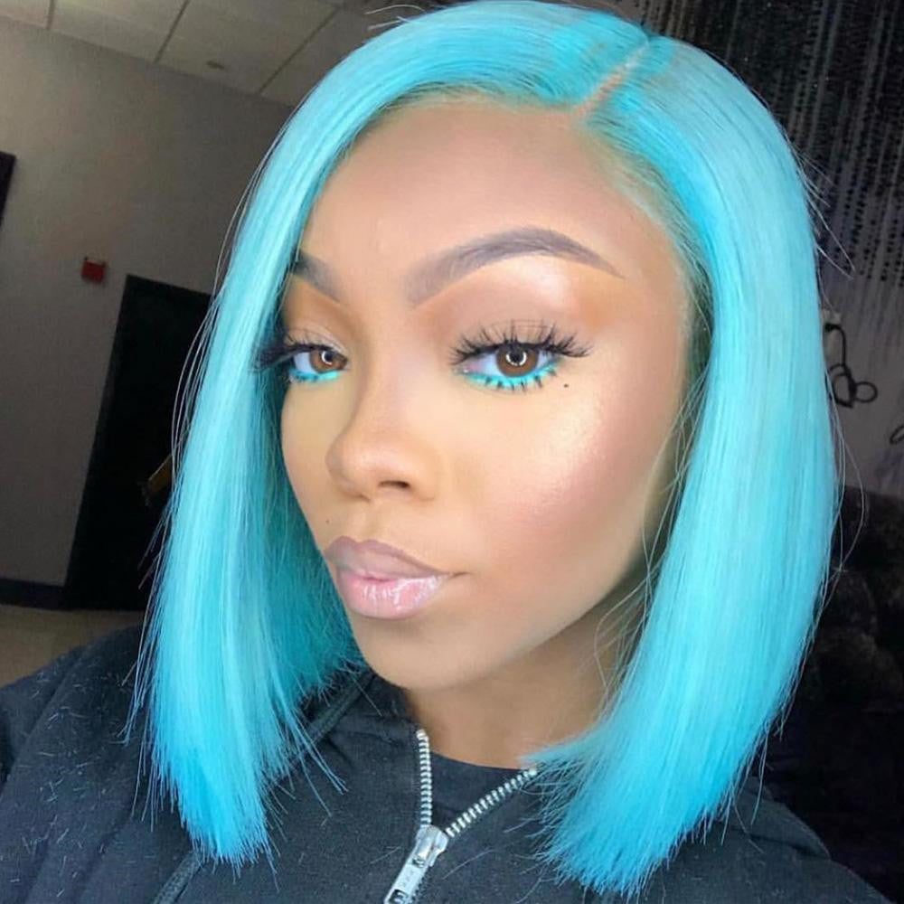 Real Human Hair Lace Front Bob Wigs Blue Color Straight Style