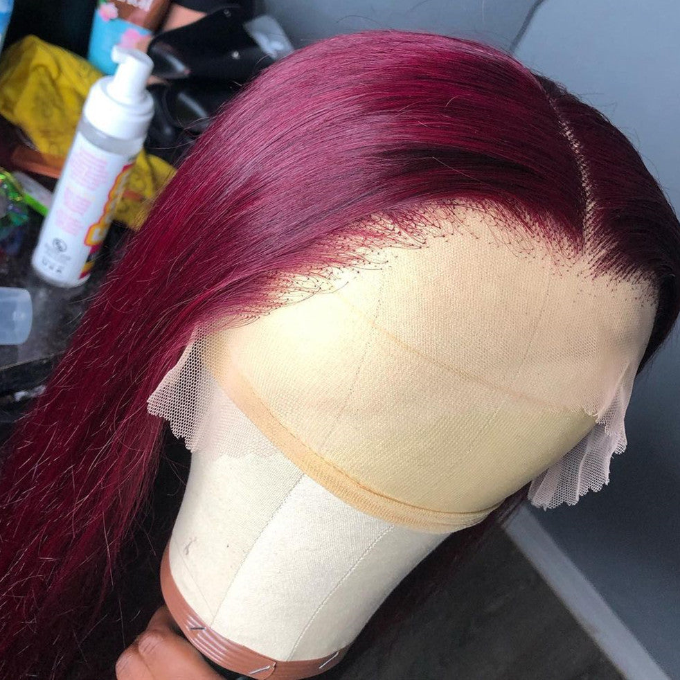 Real Hair Lace Wig Burgundy Red Color