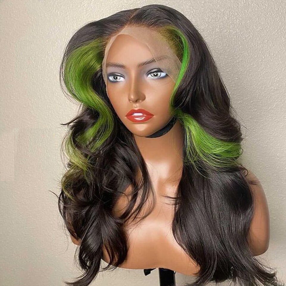 Black Color Green Highlight Real Hair Lace Wigs