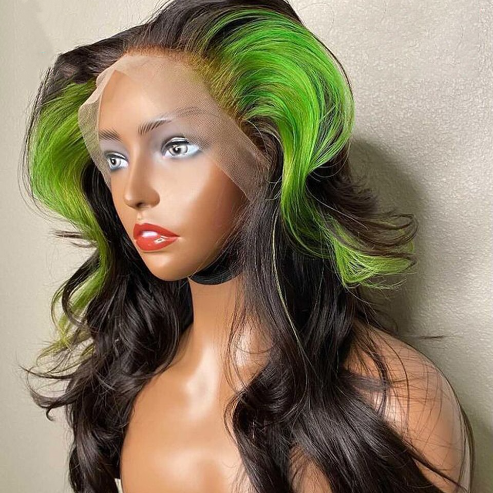 Black Color Green Highlight Real Hair Lace Wigs