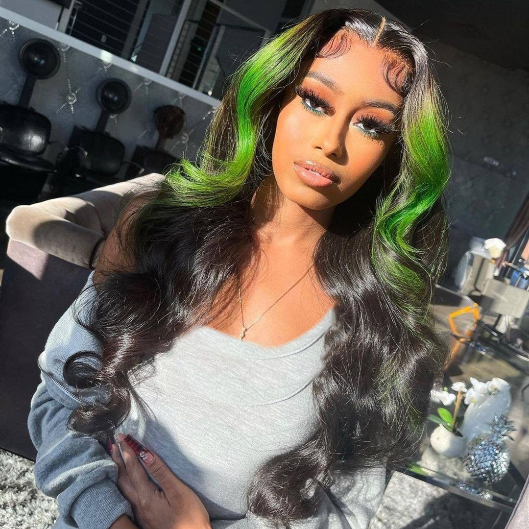 Black Color Green Highlight Real Hair Lace Wigs