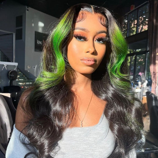 Black Color Green Highlight Real Hair Lace Wigs