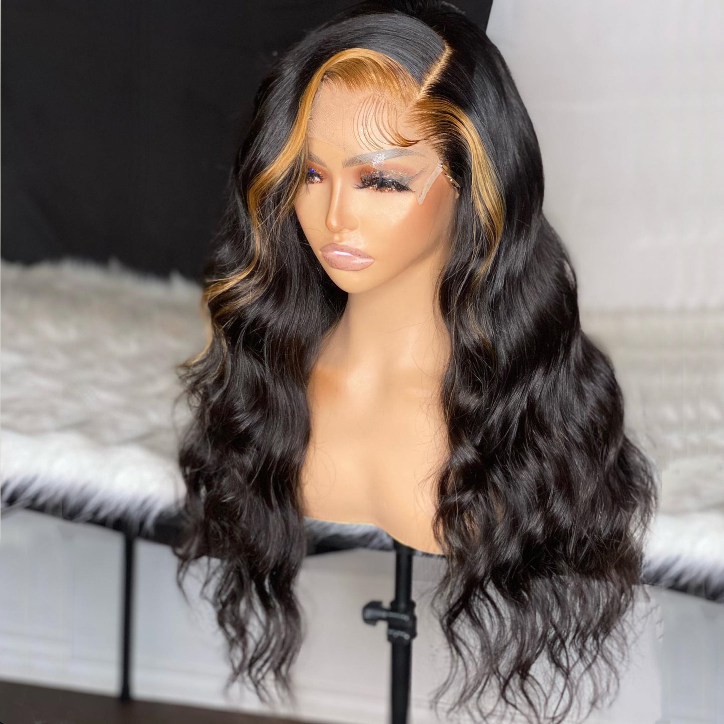 100% Real Peruvian Hair Lace Front Wig Blonde Highlights Black Color