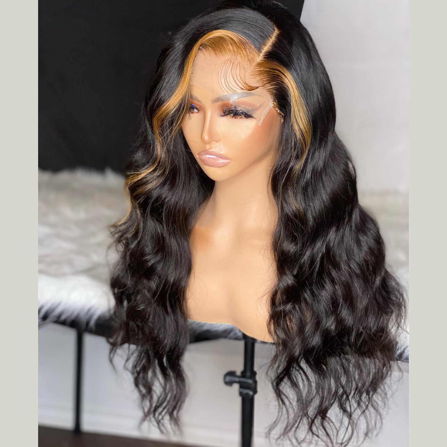 100% Real Peruvian Hair Lace Front Wig Blonde Highlights Black Color