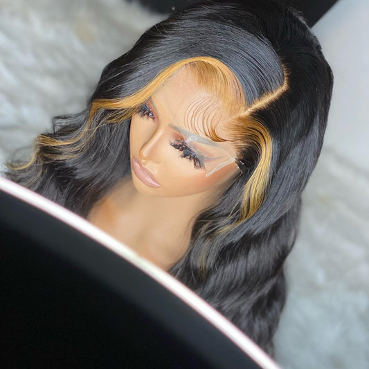 100% Real Peruvian Hair Lace Front Wig Blonde Highlights Black Color