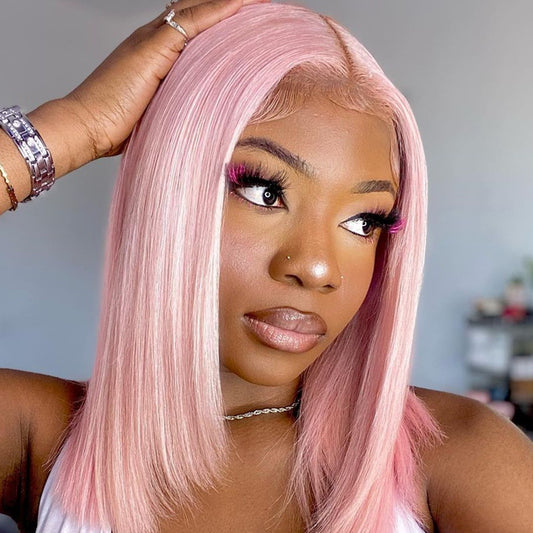 Light Pink Real Human Hair Bob Wigs