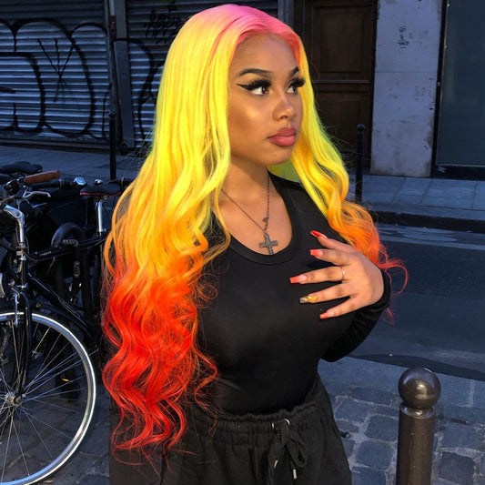 Pink Root Yellow Red Ombre Lace Wig