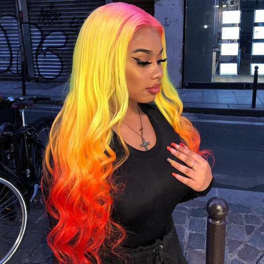 Pink Root Yellow Red Ombre Lace Wig