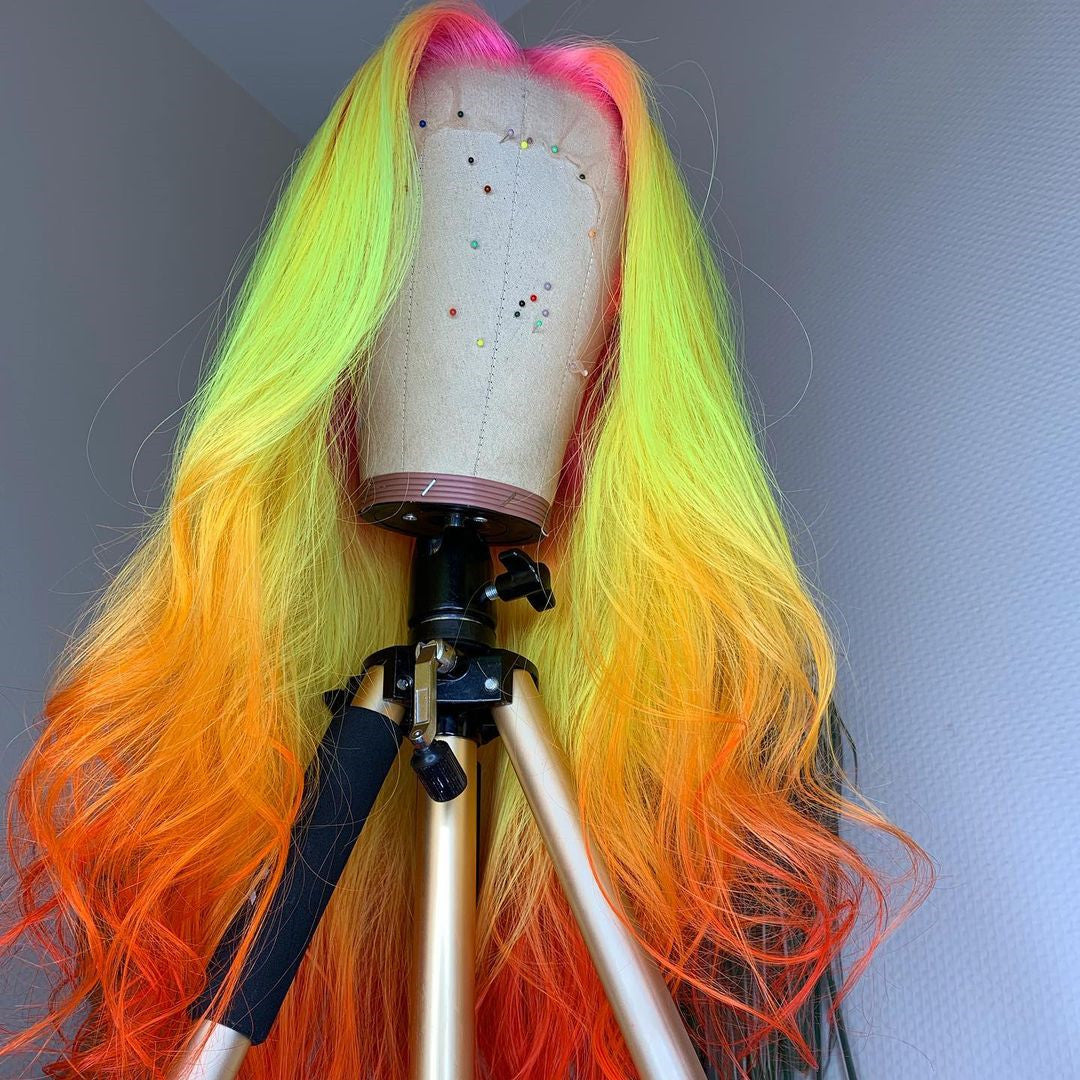 Pink Root Yellow Red Ombre Lace Wig