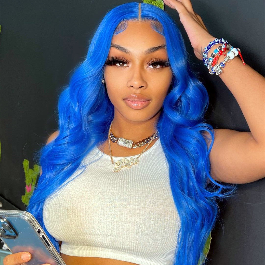 Real Human Hair Lace Front Wigs Royal Blue Natural Wave Style