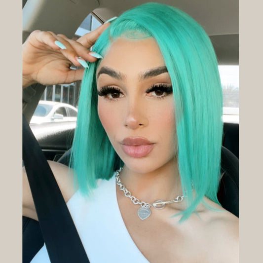 Real Human Hair Lace Front Bob Wigs With Tiffany Blue Color
