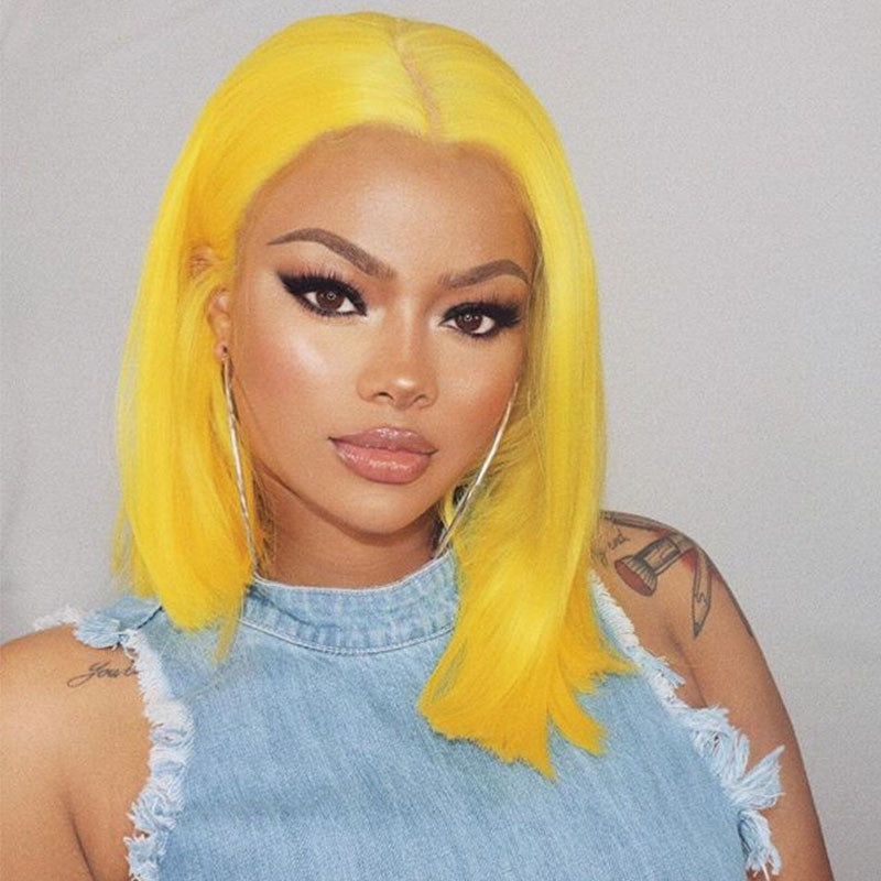 Yellow Color Real Hair Lace Bob Wigs